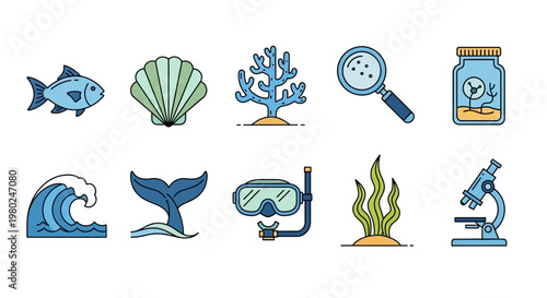 Ocean marine life icons and symbols.