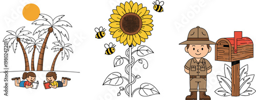 Children reading under palm trees sunflower with bees explorer ranger character and mailbox cartoon vector illustration collection