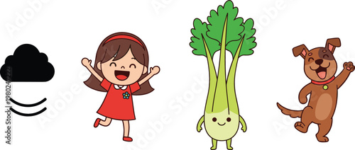Cloud icon happy girl character cute vegetable mascot and playful dog cartoon vector illustration collection