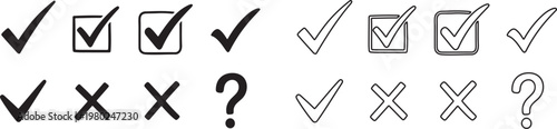 Various checkmark and checkbox icons with question marks and crosses