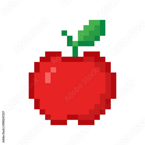 A vibrant pixel art icon of a juicy red apple with green leaf