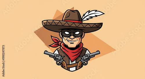 Dynamic wild west desperado with a masked identity and a feathered sombrero, ready for a thrilling adventure, wielding twin revolvers in a classic outlaw stance