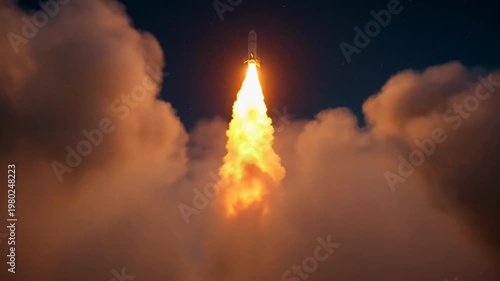 Rocket Launch into the Clouds: Witness the awe-inspiring launch of a powerful rocket as it pierces through a sea of fluffy clouds, leaving a trail of brilliant flames against the dark sky.