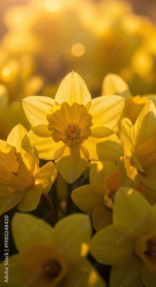 Obraz premium Close-up of vibrant yellow daffodils bathed in sunlight, spring bloom.