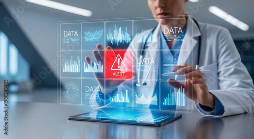 Doctor interacts with futuristic holographic medical data alert screen healthcare technology
