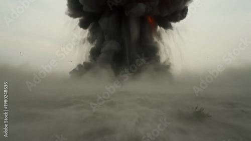 Explosion of power: a scene of raw energy, a massive explosion billows, casting a dark cloud against a cloudy sky. The photograph captures the sheer force of the event.
