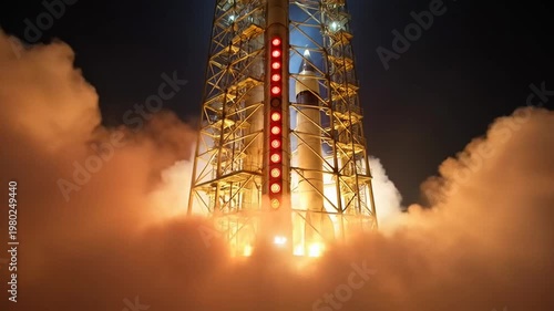 Ascension to the Cosmos: A towering rocket embarks on its journey towards the cosmos, enveloped in billowing smoke and radiant flames, illuminating the night sky with its powerful ascent.