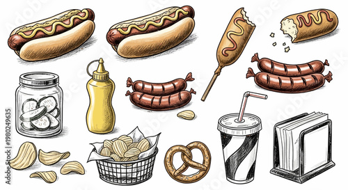 Colorful illustration of various fast food.
