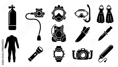 Scuba Diving Equipment Icons Set, Diving Gear Silhouettes, Underwater Sports Tools Vector Collection