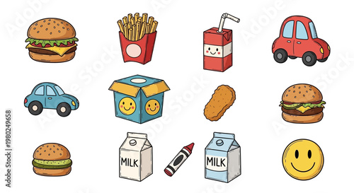 Fast food icons and happy smiley face.