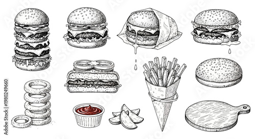 Fast food menu items illustration set.