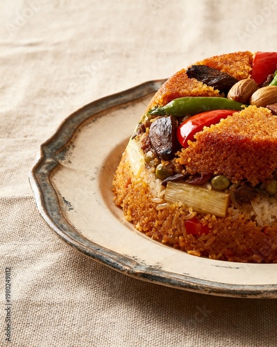 Traditional Middle Eastern Maqluba served on a rustic plate, close-up