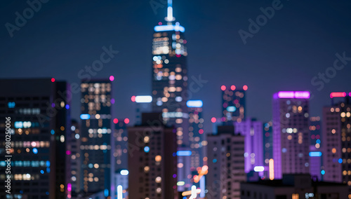 Abstract Neon City Lights Bokeh Background at Night with Urban Skyline Blur
