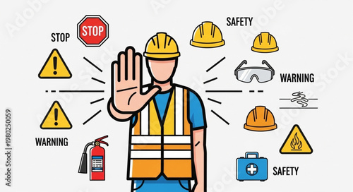 Construction Worker Wearing Safety Gear Raising Hand.