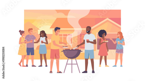 Backyard BBQ Party with Friends Grilling Food Modern Flat Vector Illustration