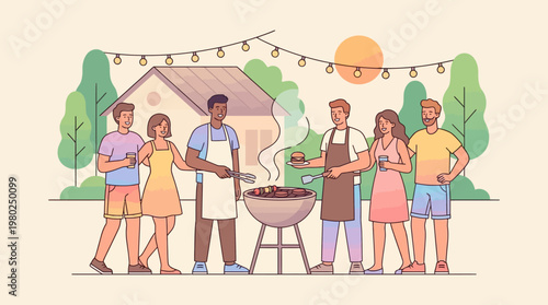 Modern Flat Illustration of Friends Enjoying BBQ Party Outdoors