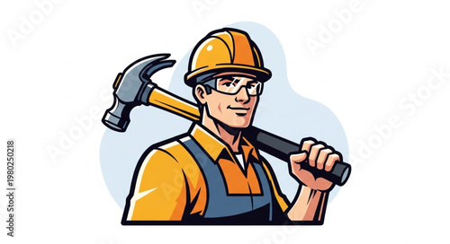 Construction Worker Wearing Hardhat Carrying Hammer Over Shoulder.