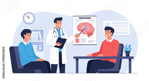 Doctor Explaining Brain Anatomy to Patients, Medical Consultation and Neurology Concept Illustration