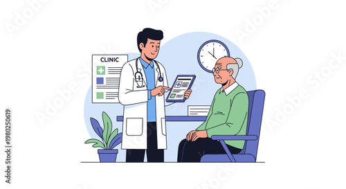 Doctor showing medical results on tablet to senior patient in clinic office vector illustration