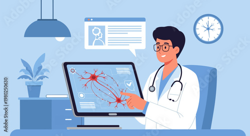 Neurologist Explaining Neuron Structure and Brain Health on Digital Screen, Medical Vector Illustration for Healthcare and Science Concepts