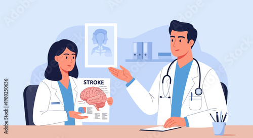 Doctors Discussing Stroke Diagnosis with Brain Diagram and Medical Scan Illustration