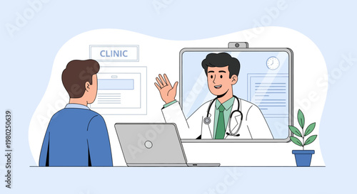 Online Medical Consultation and Telemedicine Illustration: Doctor and Patient on Video Call for Virtual Healthcare Appointment