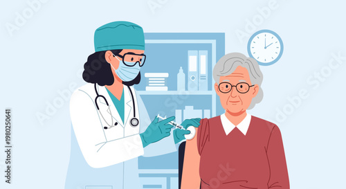 Female Doctor Giving Vaccine Injection to Elderly Senior Woman in Medical Clinic Illustration