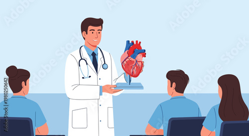 Doctor Presenting Human Heart Model to Medical Students in Cardiology Lecture Seminar Illustration