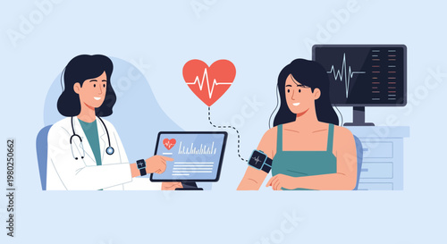 Female Doctor Consulting Patient Using Digital Tablet and Wearable Health Technology for Heart Rate Monitoring