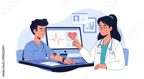 Doctor and Medical Professional Analyzing Heart Health Data on Computer Screen Vector Illustration
