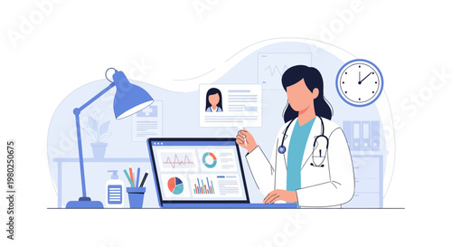 Female Doctor Analyzing Patient Data and Medical Statistics on Laptop Vector Illustration