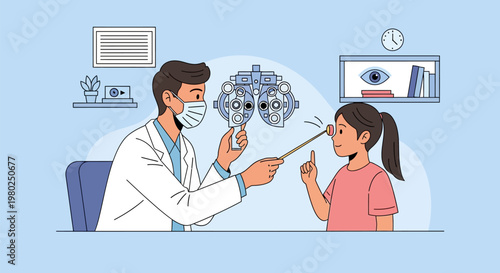 Pediatric Ophthalmologist Examining Child's Vision in Medical Clinic Illustration