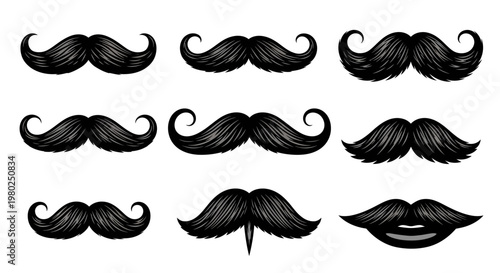 Collection of nine different styles of mustaches, presented as individual icons on a white background