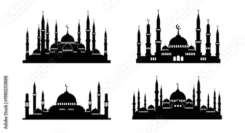Collection of elegant black mosque silhouettes, featuring intricate domes and soaring minarets, representing Islamic architecture and cultural heritage in vector form