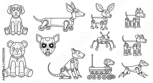 Collection of Diverse Robotic Dog Illustrations, Featuring Various Designs and Styles