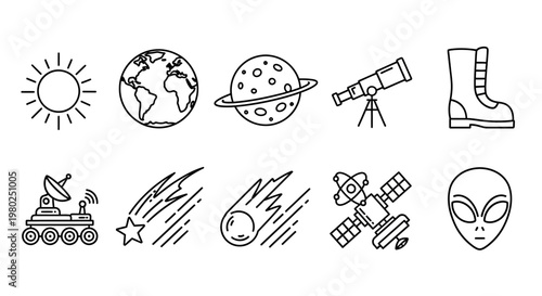 Set of space-themed icons including the sun, Earth, Saturn, a telescope, a boot, a rover, shooting stars, a comet, a satellite, and an alien