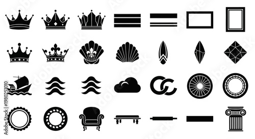 Collection of black and white graphic design elements including crowns, waves, clouds, furniture, and architectural motifs