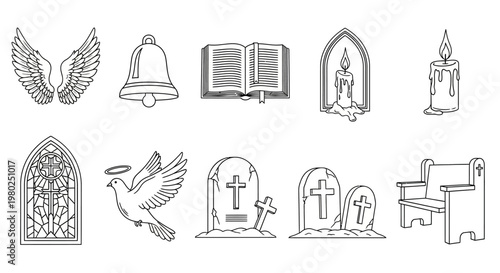 Collection of hand-drawn Christian religious symbols and memorial elements, including a dove, bible, wings, and tombstones for spiritual designs