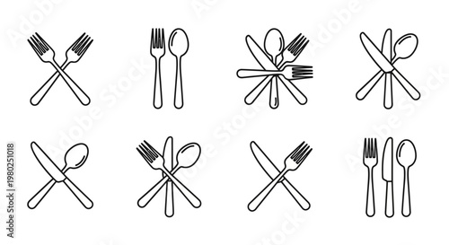 Elegant vector set of minimalist line art cutlery icons showcasing forks, knives, and spoons in diverse arrangements, perfect for restaurant branding, menu design, and kitchen-related graphics