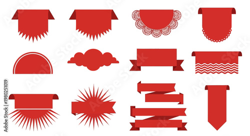 Collection of Red Decorative Ribbons and Banners with Diverse Shapes and Styles for Promotion and Design Elements