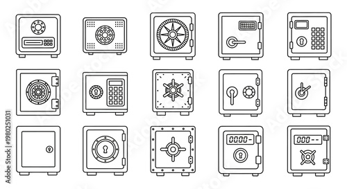 Collection of various safe icons representing security and financial protection in a clean outline design style