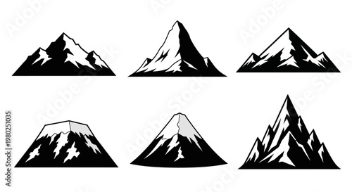 Collection of diverse mountain peak illustrations, ideal for outdoor adventure and nature-themed graphic projects. Featuring various rugged styles and iconic silhouettes in clean vector format