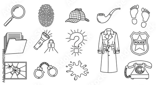 Engaging Outline Vector Icons Set for Mystery, Crime Investigation, and Detective Theme Projects, Perfect for Digital Design