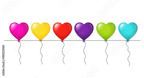 A beautiful row of six heart-shaped balloons in vibrant rainbow colors floating against a clean white background