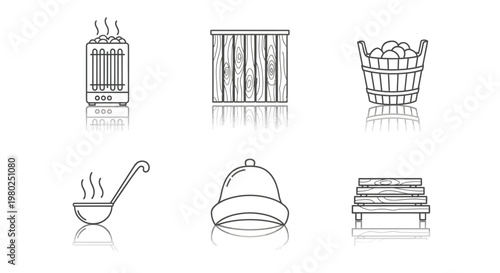 Collection of Scandinavian sauna icons including a heater, wooden walls, bucket, ladle, hat, and bench