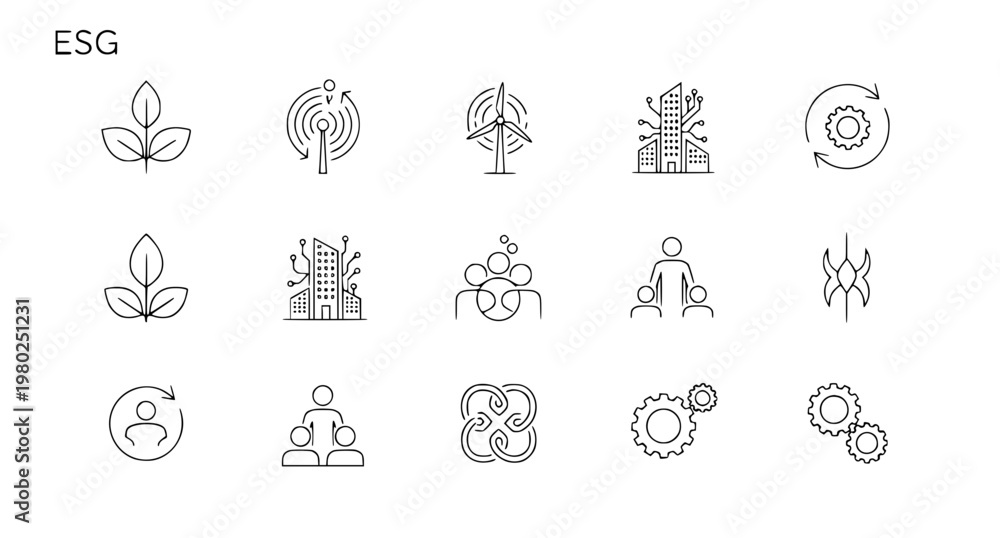 Fototapeta premium Minimal ESG thin line icons environmental social governance editable stroke vector set isolated on white background