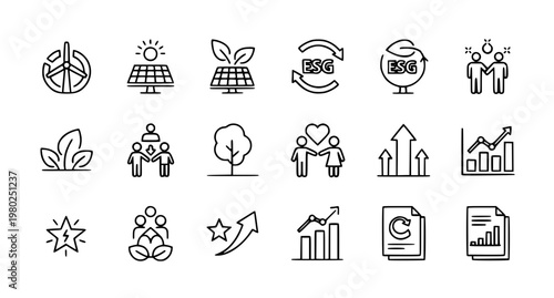 Detailed ESG icons mega set environmental social governance editable stroke vector collection isolated on white background
