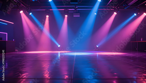 Empty Nightclub Dance Floor with Neon Pink Blue Lights and Disco Balls