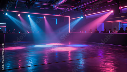 Empty Nightclub Dance Floor with Neon Pink Blue Lights and Disco Balls