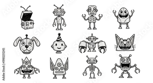 Set of cartoon robots and monsters, including a dog-like robot, a robot with a party hat, and various robotic creatures in a playful, whimsical style, perfect for digital or print projects